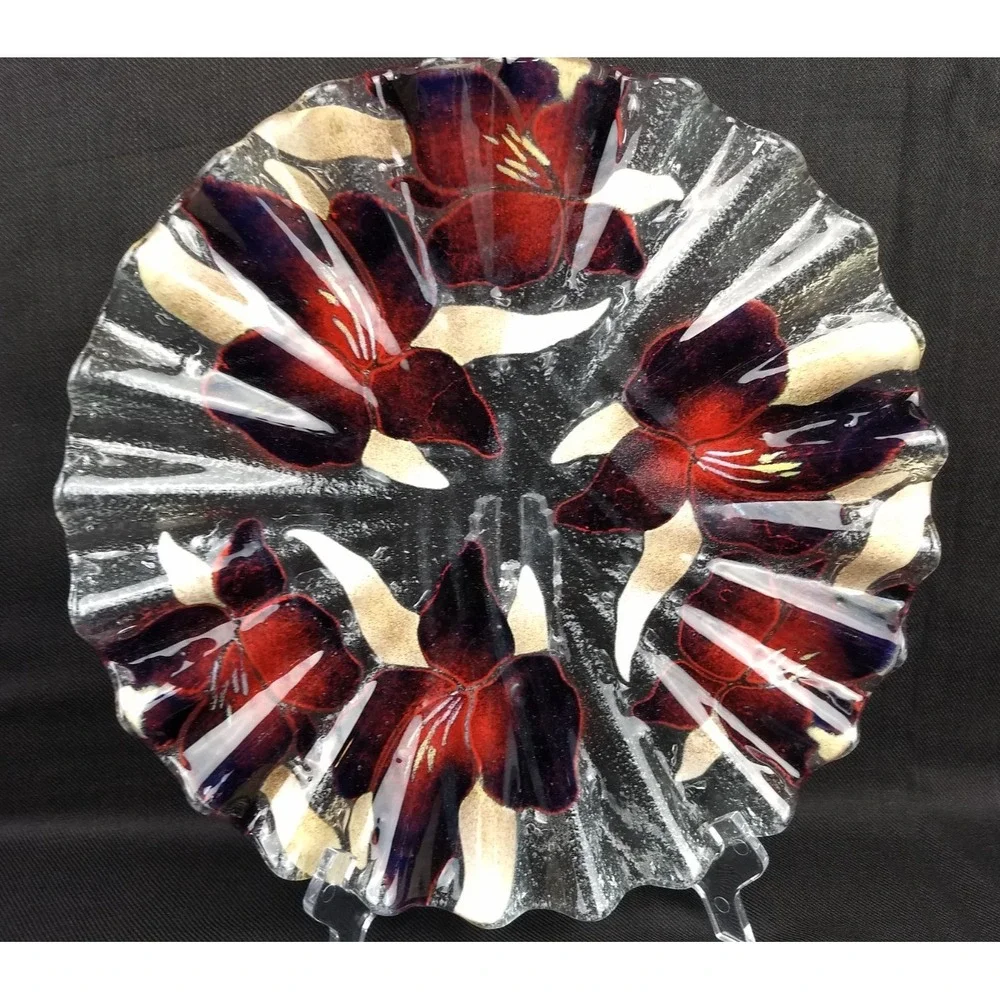 Sydenstricker Art Glass Ruffled Plate Elephant Ear Orchid Purple Red Wavy Signed